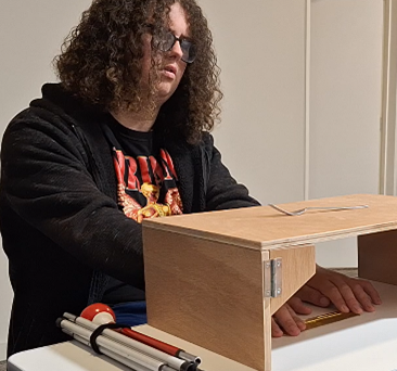 Figure 1 A young man exploring a hair comb with his hands under the occlusion box