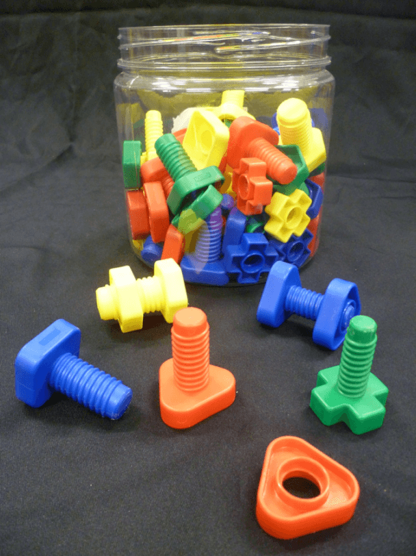 A jar of nuts and bolts of different shapes and colours to match and join together.