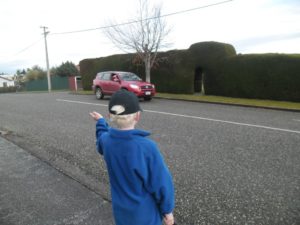 Child standing on the footpath looking towards a car coming from his left side and using his left arm to wave the car on