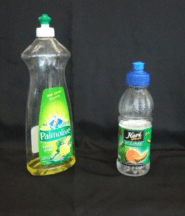 One dishwashing liquid bottle and one juice bottle, each with a lid