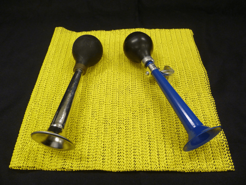 Two metal bike horns with squeezable rubber ball to activate