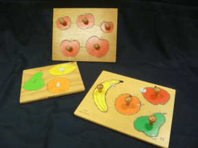 Three fruit puzzles - one with 3 pieces, one with 4 pieces and one with 5 pieces