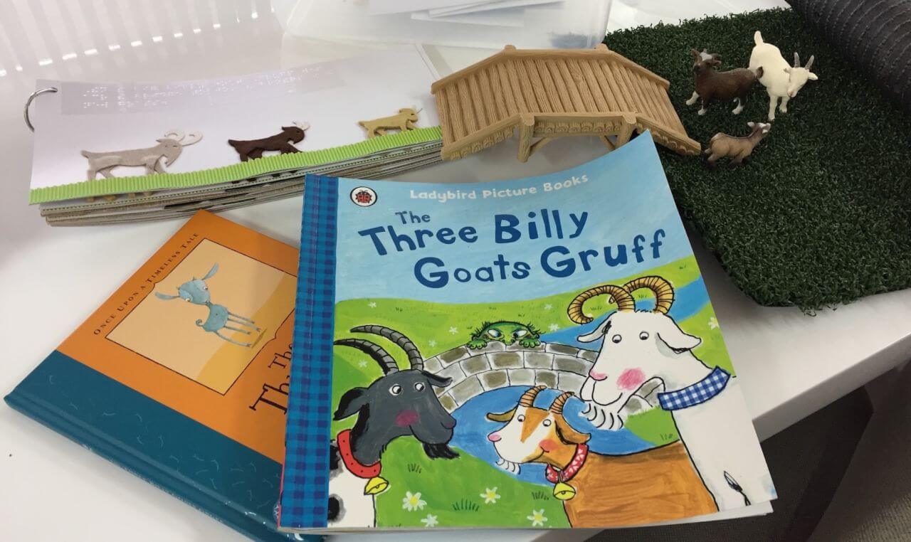 Three Billy Goats Gruff book and tactile resources on table