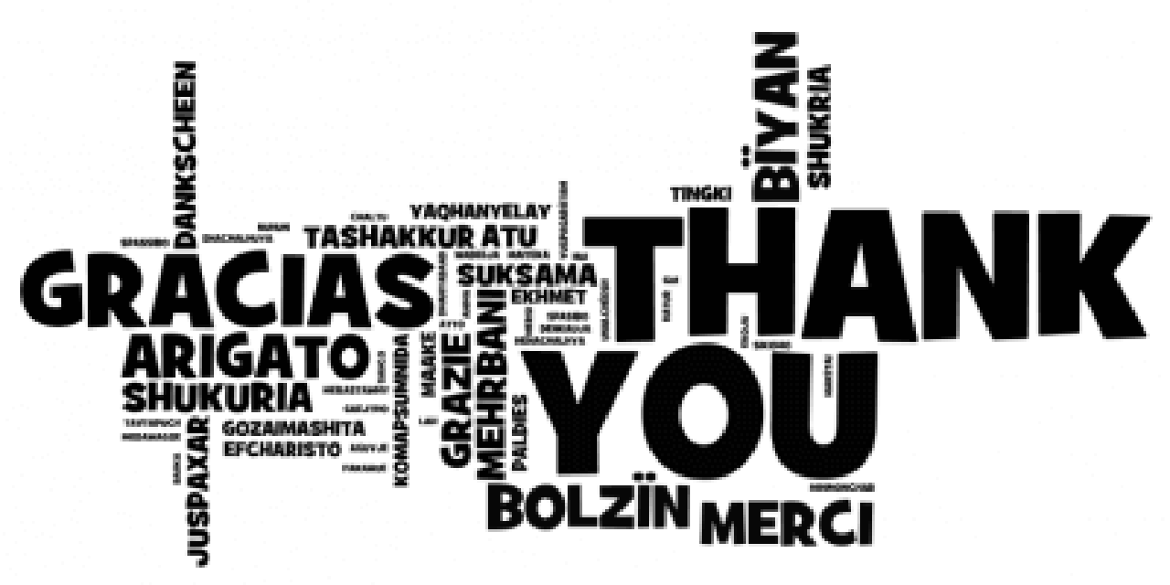Black and white thank you word cloud in different languages