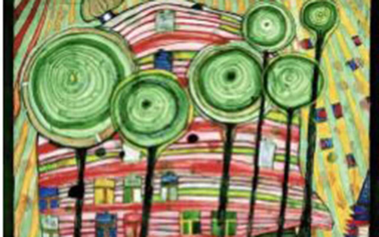 Abstract artwork showing building shaped head in the background and lollipop shaped trees in the foreground