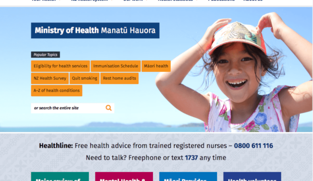Front page of Ministry of Health NZ website