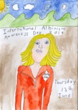 Hand drawn self portrait by Sophia with the words International Albinism Awareness Day 2019 above her head and Thursday 13th June on the right of her