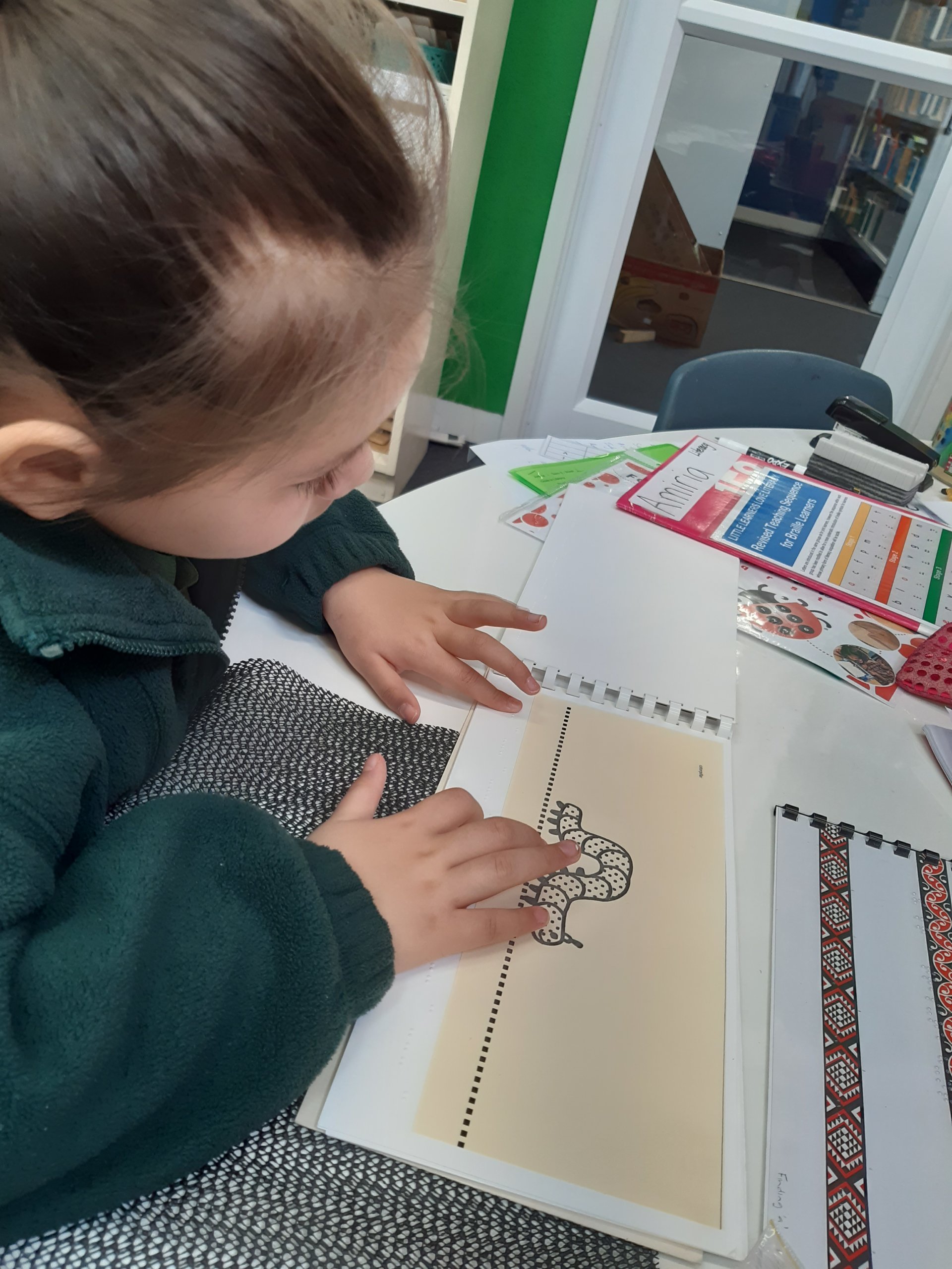 Figure 3 - Amiria has her fingers on the wheels of the tactile graphic of a car. The matching car is above the picture on the table. 