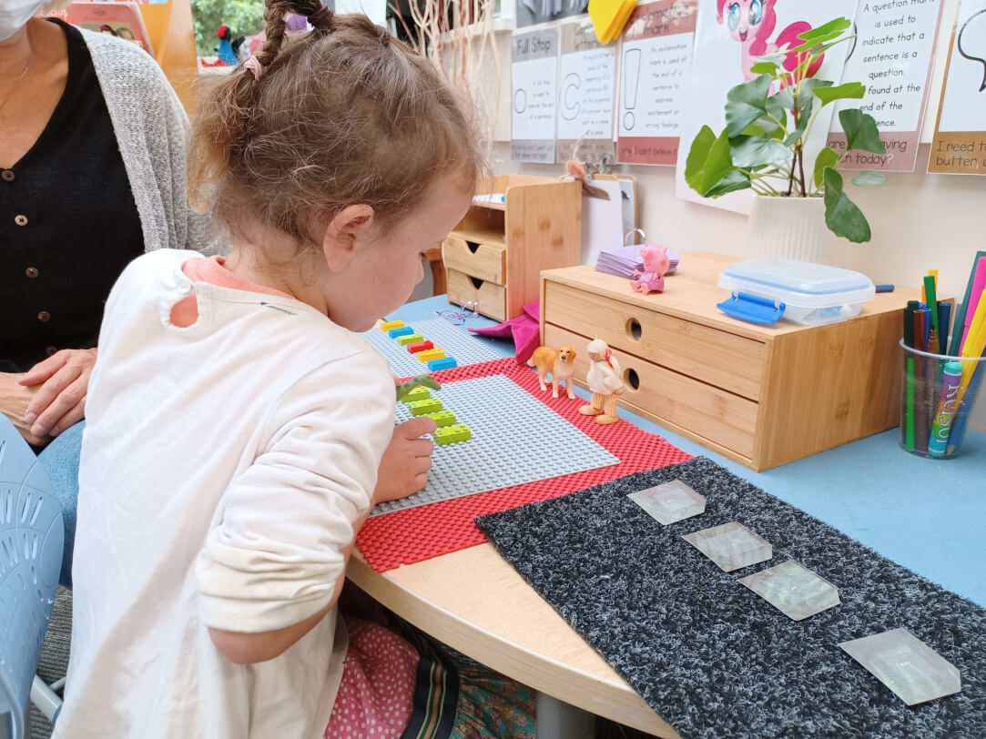 Figure 1 - Child's Lego baseboard set up with ‘d’ bricks, with a number of models (dinosaur, dog, doll) on the table. On the right are flashcards in Braille and Lily is required to choose the matching letter.