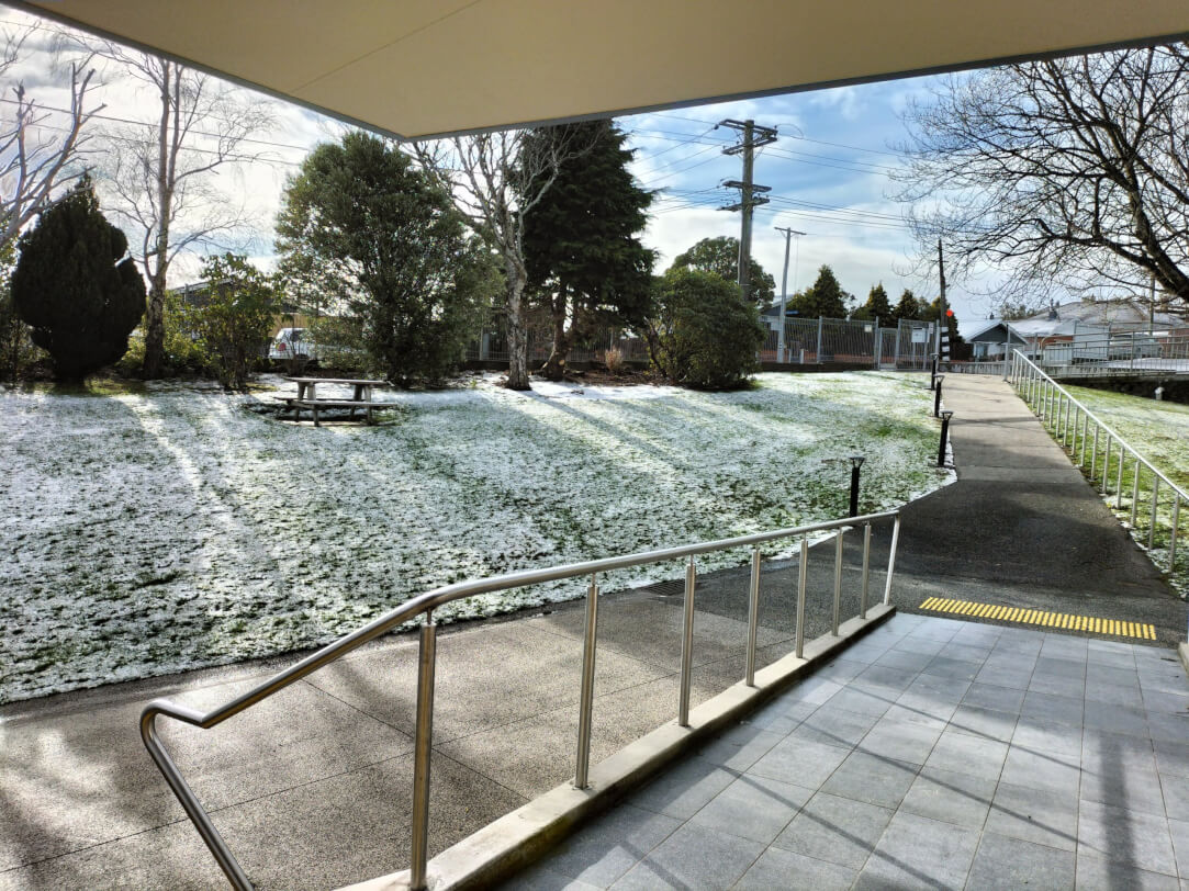Figure 1 - The grass covered in snow outside the front of the Dunedin Visual Resource Centre