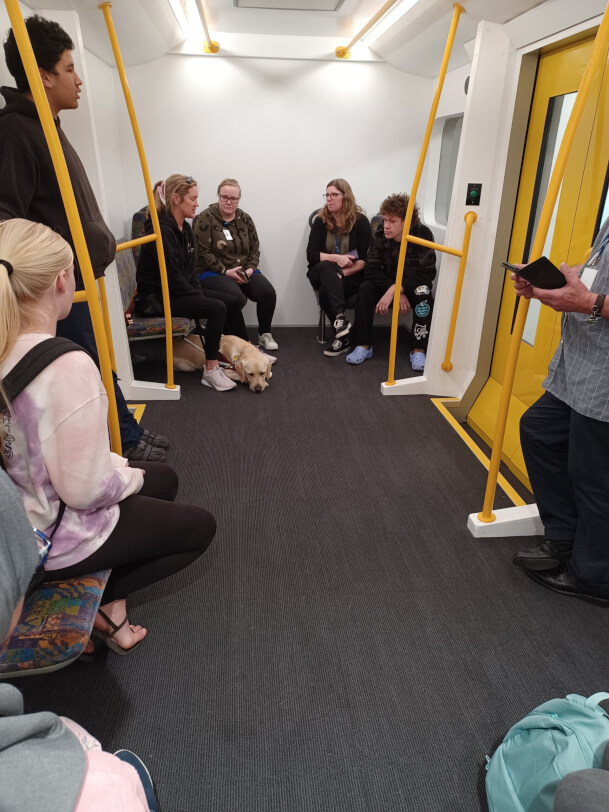 Figure 1 - People sitting on a train with guide dog, yellow railings and door